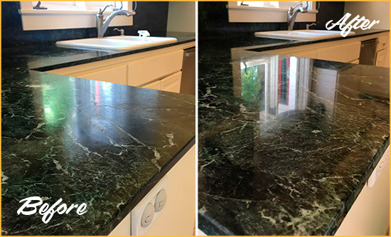 Before and After Picture of a Terryville Marble Kitchen Countertop Honed to Remove Water Marks