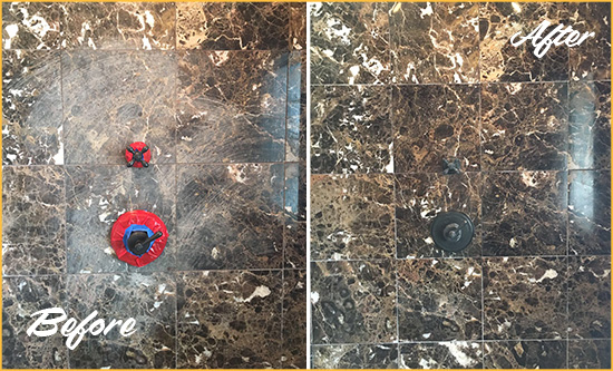 Before and After Picture of a Round Hill Marble Shower Honed to Remove Scratches