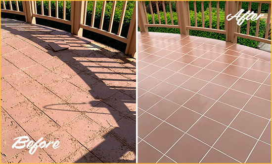 Before and After Picture of a Sherman Hard Surface Restoration Service on a Tiled Deck