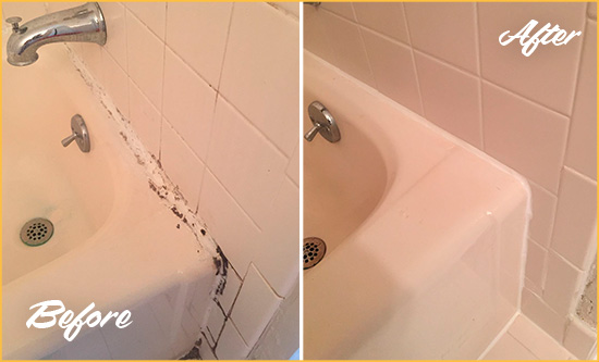 Before and After Picture of a Sherman Hard Surface Restoration Service on a Tile Shower to Repair Damaged Caulking