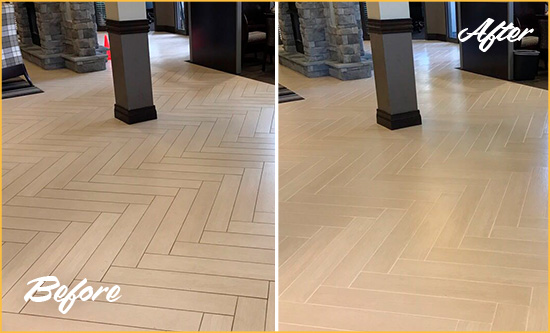 Before and After Picture of a Shippan Point Hard Surface Restoration Service on an Office Lobby Tile Floor to Remove Embedded Dirt