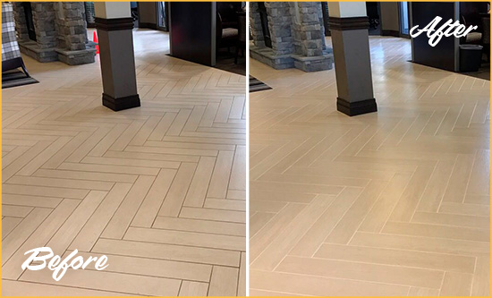 Before and After Picture of a Roxbury Hard Surface Restoration Service on an Office Lobby Tile Floor to Remove Embedded Dirt