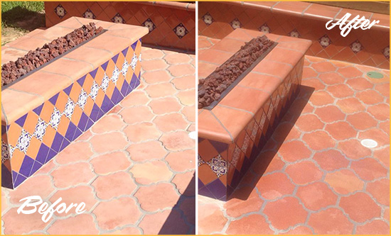 Before and After Picture of a Saugatuck Hard Surface Restoration Service on a Dull Terracotta Patio Floor to Recover Its Color