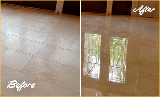 Before and After Picture of a Roxbury Hard Surface Restoration Service on a Dull Travertine Floor Polished to Recover Its Splendor