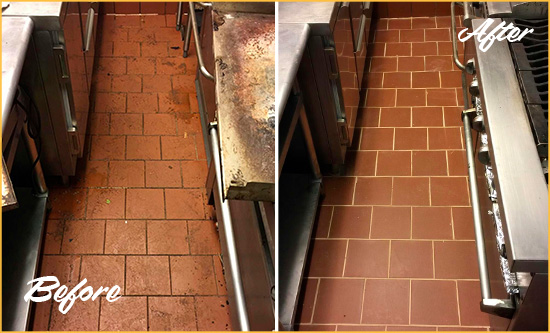 Before and After Picture of a Sherman Hard Surface Restoration Service on a Restaurant Kitchen Floor to Eliminate Soil and Grease Build-Up