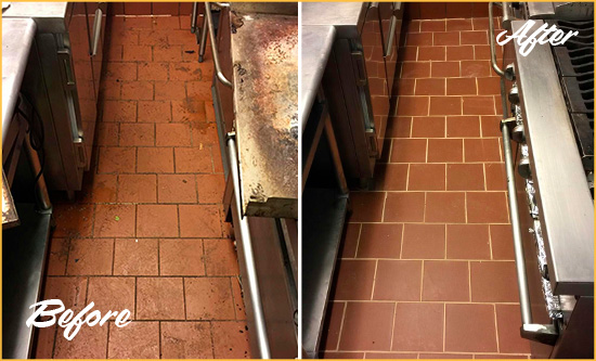 Before and After Picture of a New Milford Hard Surface Restoration Service on a Restaurant Kitchen Floor to Eliminate Soil and Grease Build-Up