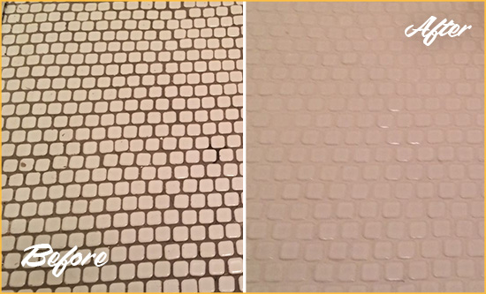 Before and After Picture of a Sherman Hard Surface Restoration Service on a Bathroom Tile Floor Recolored to Fix Grout Color