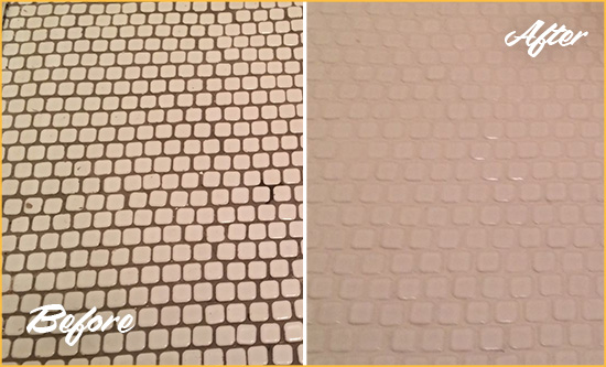 Before and After Picture of a Redding Ridge Hard Surface Restoration Service on a Bathroom Tile Floor Recolored to Fix Grout Color