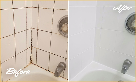 Before and After Picture of a Cos Cob Tub Grout Cleaned to Eliminate Mold