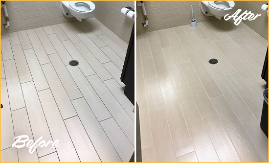 Before and After Picture of a Greenwich Office Restroom's Grout Cleaned to Remove Dirt