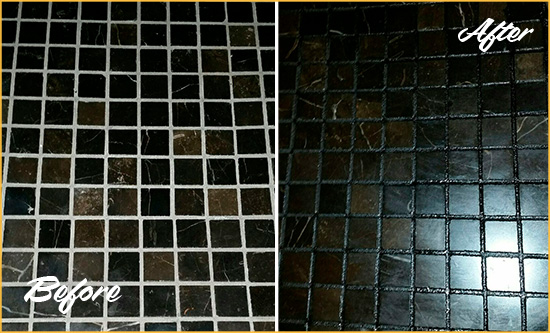 Before and After Picture of a Southport Black Floor with Recolored Grout