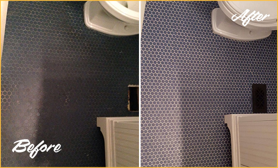 Before and After Picture of a Norwalk Blue Tile Floor Recolored Grout