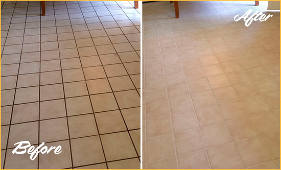 Before and After Picture of a Newtown Kitchen Tile Floor with Recolored Grout