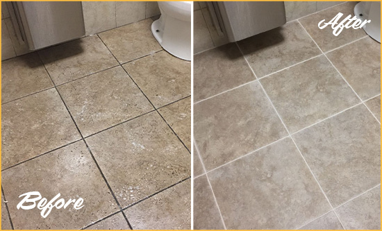 Before and After Picture of a New Canaan Office Restroom Floor Recolored Grout