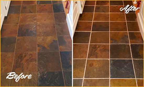 Before and After Picture of a Stratford Slate Floor Recolored Grout