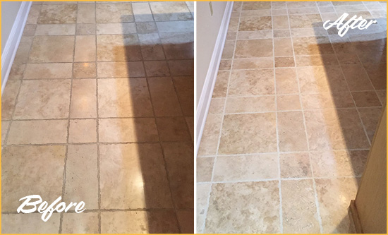 Before and After Picture of a Stratford Travertine Kitchen Floor Recolored Grout