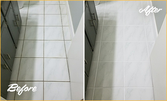 Before and After Picture of a Stratford White Ceramic Tile with Recolored Grout