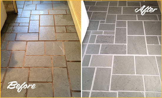 Before and After Picture of Damaged Plymouth Slate Floor with Sealed Grout