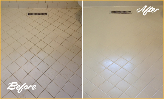 Before and After Picture of a Thomaston White Bathroom Floor Grout Sealed for Extra Protection