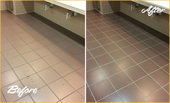 Before and After Picture of Dirty Stratford Office Restroom with Sealed Grout