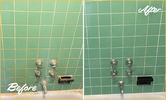 Before and After Picture of a Round Hill Bath Tub Grout Sealed to Avoid Water Damage