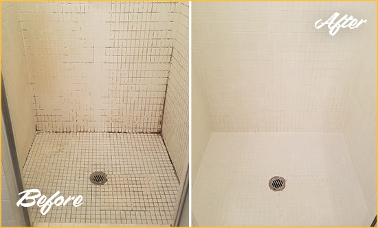 Before and After Picture of a Round Hill Bathroom Grout Sealed to Remove Mold