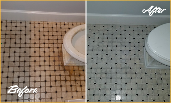 Before and After Picture of a New Preston Marble Dale Bathroom Floor Cleaned to Remove Embedded Dirt