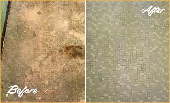 Before and After Picture of a Ridgefield Mosaic Shower Cleaned to Eliminate Embedded Dirt