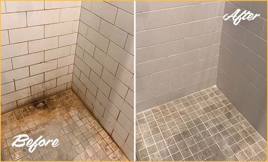 Before and After Picture of a New Preston Marble Dale Ceramic Shower Cleaned to Eliminate Rust Stains