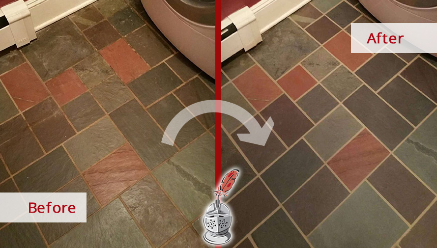 Before and after of This Dirty Tile Floor Renewed by Our Professional Grout Cleaners in Stamford, Connecticut