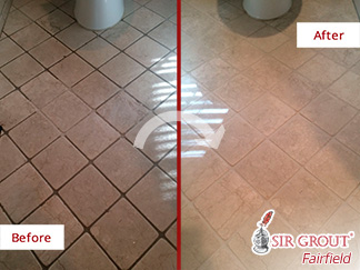 Before and after Picture of This Bathroom Floor Saved from Grime Thanks to a Grout Cleaning in Ridgefield, CT