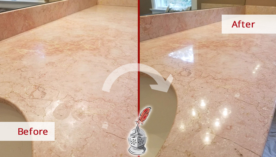 Before and After Picture of a Bathroom Countertop Renewed with a Stone Honing Job in Darien, CT