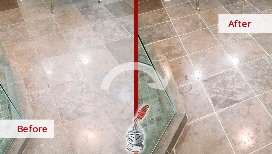 Before and After Picture of a Dull Bathroom Floor Restored with a Stone Honing Job in Darien, CT