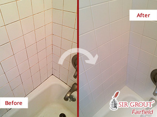 Before and After Picture of a Grout Cleaning Job Done in Riverside, CT, Preventing Severe Damage on This Bathroom
