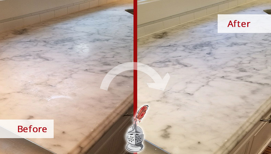 Before and after Picture of This Outstanding Stone Honing Job in Ridgefield, Ct, that Restored These Dulled Marble Countertops