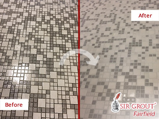 Before and after Picture of This Restroom's Floor in Fairfield, CT, after a Tile and Grout Cleaning Service