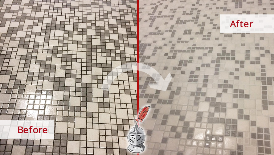 Before and after Picture of a Grimy Floor after a Tile and Grout Cleaning Job in Fairfield, CT