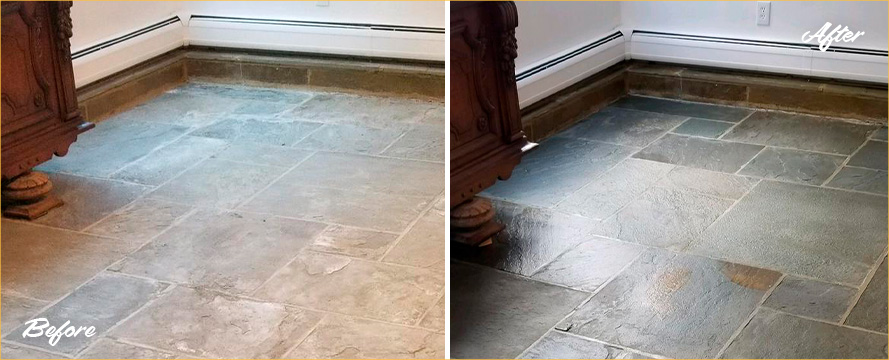 Before and after Picture of a Stone Cleaning Job to This Natural Stone Floor in Fairfield, CT