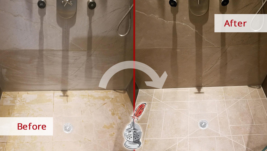 Before and after Picture of This Shower after a Stone Sealing Job in New Canaan, CT