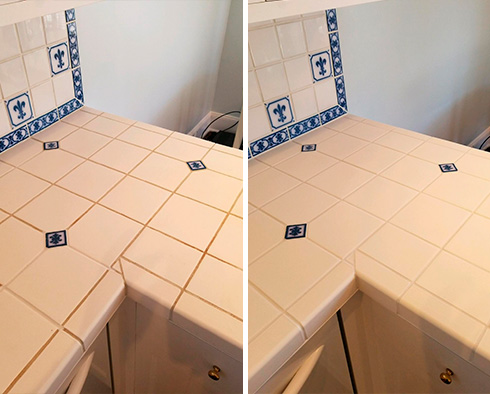 Before and After Picture of This Kitchen Countertop After a Grout Cleaning Service in Greenwich, CT