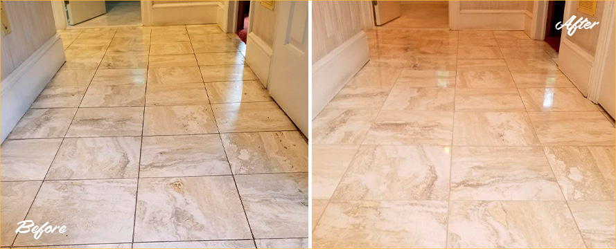 Marble Floor Before and After Our Stone Honing Process in Westport, CT