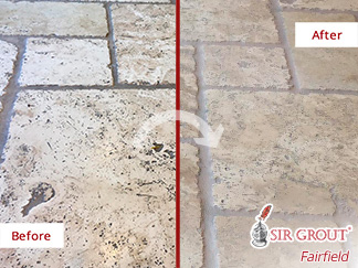 Before and After Image of a Travertine Floor After a Stone Cleaning in Stamford