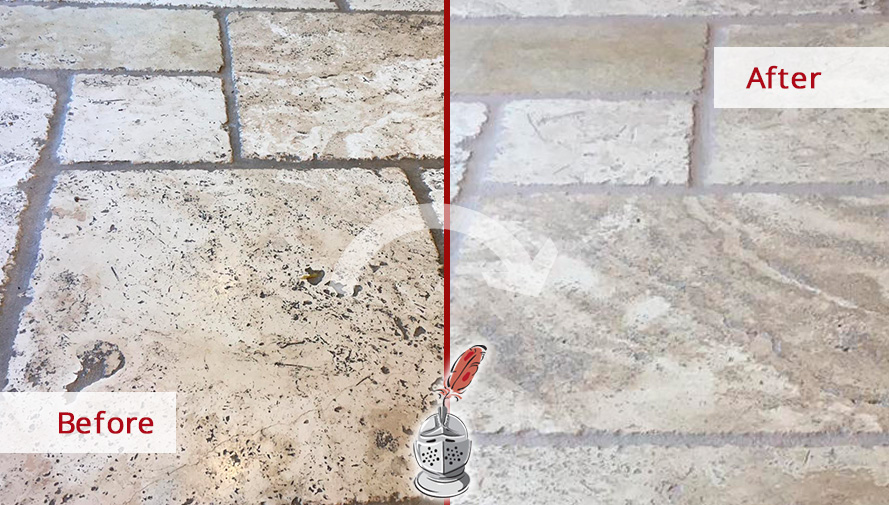 Before and After Image of a Travertine Floor After a Stone Cleaning in Stamford