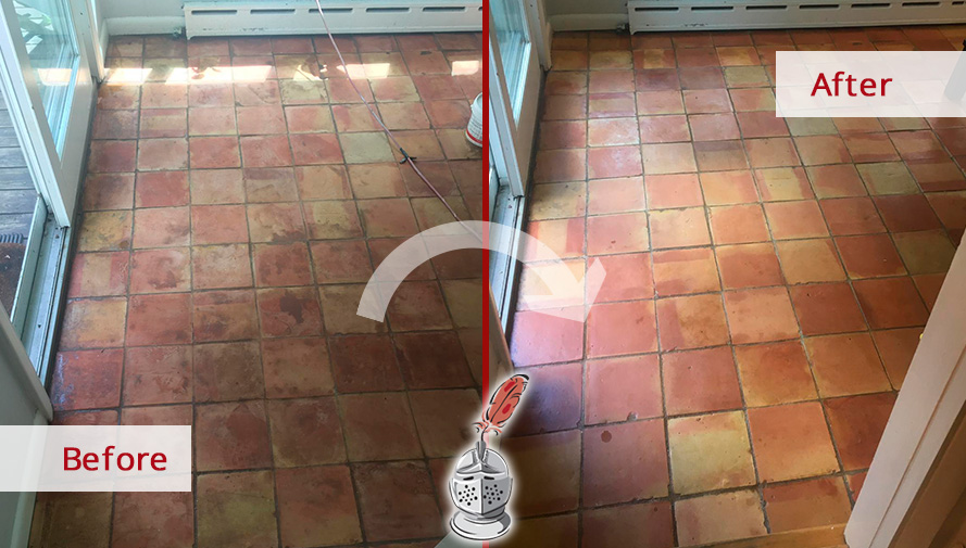 Image of a Terra-cotta Floor Before and After a Stone Cleaning in Wilton, CT