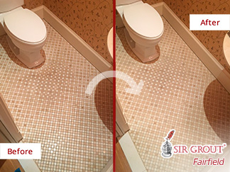 Image of a Bathroom Floor Before and After Our Hard Surface Restoration Services in Riverside