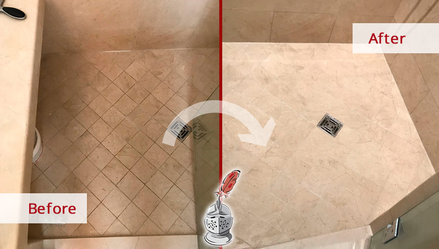 Shower Floor Before and After Our Professional Hard Surface Restoration Services in Riverside