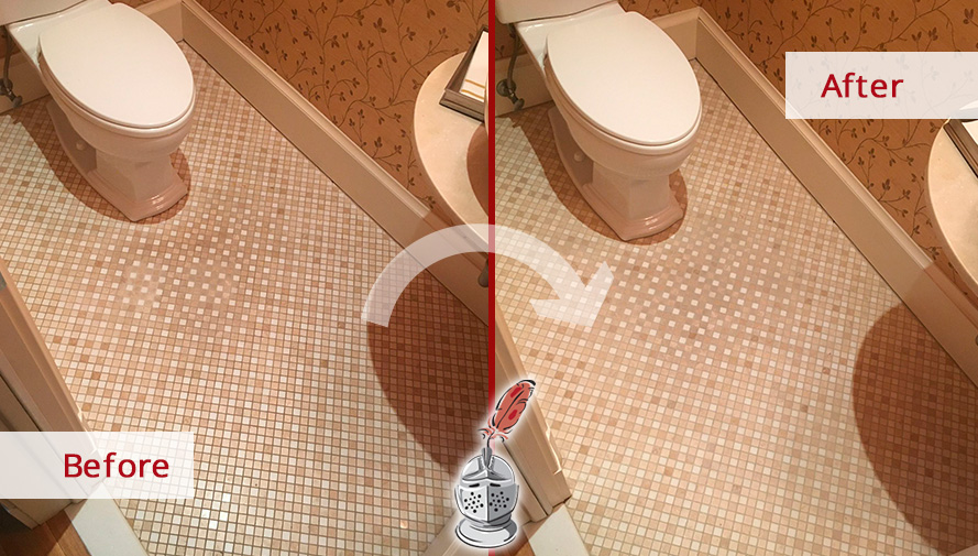 Image of a Bathroom Floor Before and After Our Professional Hard Surface Restoration Services in Riverside