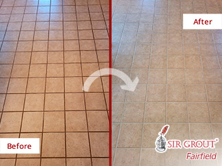 Picture of a Floor Before and After a Grout Sealing in Washington, CT
