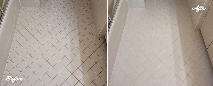 Bathroom Tile Floor Before and After a Service from Fairfield Tile and Grout Cleaners