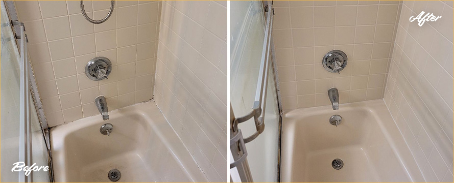 Shower Walls Before and After a Service from Fairfield Tile and Grout Cleaners